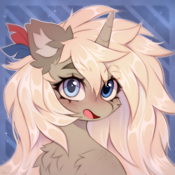 Size: 2480x2480 | Tagged: safe, artist:arisuyukita, derpibooru import, oc, oc only, oc:arisu yukita, unicorn, bust, chest fluff, ear fluff, ears, feather, heterochromia, horn, open mouth, portrait, solo