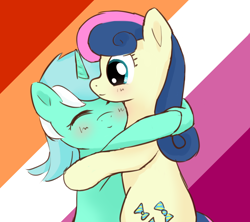 Size: 1280x1139 | Tagged: safe, artist:koneko-w, derpibooru import, bon bon, lyra heartstrings, sweetie drops, earth pony, unicorn, blush scribble, blushing, eyes closed, female, flag background, horn, hug, lesbian, lesbian pride flag, lyrabon, pride, pride background, pride flag, shipping, solo