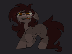 Size: 1200x900 | Tagged: safe, artist:php193, derpibooru import, oc, oc:delirium, earth pony, angst, crying, dark, female, freckles, glowing, glowing eyes, golden eyes, mare, pain, sad, simple background, solo, vent art