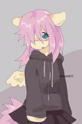 Size: 1349x2048 | Tagged: safe, artist:funnyhat12, derpibooru import, fluttershy, anthro, pegasus, pony, g4, clothes, female, hair over one eye, hoodie, skirt