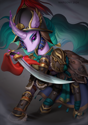 Size: 1061x1500 | Tagged: safe, artist:margony, derpibooru import, mistmane, pony, unicorn, g4, armor, commission, convincing armor, epic, female, glowing, glowing horn, gray background, helmet, horn, levitation, magic, mare, simple background, solo, sword, telekinesis, weapon