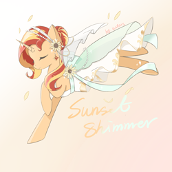 Size: 3000x3000 | Tagged: safe, artist:starrysky73245, derpibooru import, sunset shimmer, pony, unicorn, clothes, dress, eyes closed, female, gradient background, horn, mare, solo, text