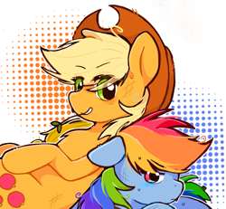 Size: 905x836 | Tagged: safe, artist:xinjinjumin185202104434, derpibooru import, applejack, rainbow dash, earth pony, pegasus, pony, abstract background, female, grin, mare, smiling