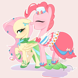 Size: 3800x3800 | Tagged: safe, artist:mohuansi, derpibooru import, fluttershy, pinkie pie, earth pony, pegasus, pony, g4, clothes, dress, eyes closed, female, gala dress, gown, jumping, mare, open mouth, outline, raised hoof, raised leg, simple background, smiling, white outline