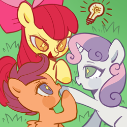 Size: 2048x2048 | Tagged: safe, artist:nimingxiwang168, derpibooru import, apple bloom, scootaloo, sweetie belle, earth pony, pegasus, pony, unicorn, cutie mark crusaders, female, filly, foal, green background, horn, lightbulb, open mouth, simple background, smiling