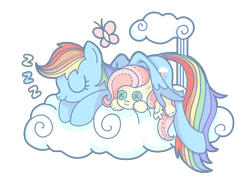 Size: 3464x2598 | Tagged: safe, artist:叶荫, derpibooru import, fluttershy, rainbow dash, butterfly, pegasus, pony, cloud, female, fluttershy plushie, hug, mare, plushie, simple background, sleeping, solo, transparent background, winghug, wings