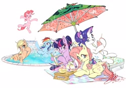 Size: 3036x2125 | Tagged: safe, artist:tina1804, derpibooru import, applejack, fluttershy, pinkie pie, rainbow dash, rarity, twilight sparkle, twilight sparkle (alicorn), alicorn, earth pony, pegasus, pony, unicorn, beach chair, beach towel, book, chair, drink, female, horn, jumping, mane six, mare, parasol (umbrella), simple background, splashing, straw, swimming pool, water, wet, white background