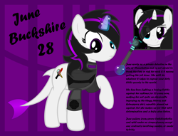 Size: 2000x1526 | Tagged: safe, artist:cardshark777, derpibooru import, oc, oc only, oc:june buckshire, original species, shark, shark pony, unicorn, abstract background, backstory, baton, black text, clothes, dagger, detective, digital art, electricity, female, fish tail, heterochromia, horn, jacket, looking at you, looking down, lore, magic, magnifying glass, mare, numbers, ophidiophobia, raised hoof, raised leg, reference sheet, shark tail, tail, telekinesis, text, two toned mane, weapon