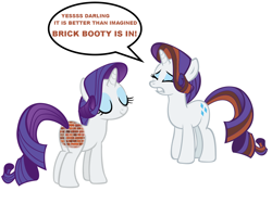 Size: 1600x1200 | Tagged: safe, derpibooru import, edit, rarity, oc, oc:brick rarity, pony, unicorn, brick booty, butt, eyes closed, fashion, fashion style, female, horn, mare, plot, simple background, speech bubble, tail, text, toy, white background