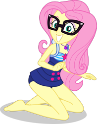 Size: 2357x3011 | Tagged: safe, artist:dustinwatsongkx, derpibooru import, edit, fluttershy, human, equestria girls, g4, accessory swap, bare shoulders, barefoot, clothes, clothes swap, feet, female, geode of telekinesis, glasses, grin, high res, magical geodes, one-piece swimsuit, sci-twi swimsuit, simple background, sleeveless, smiling, solo, swimsuit, swimsuit swap, transparent background, vector, vector edit