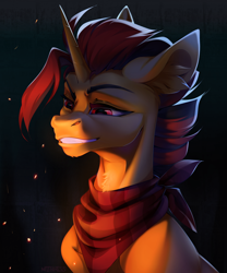 Size: 2500x3000 | Tagged: safe, artist:mithriss, derpibooru import, oc, oc only, oc:selest light, pony, unicorn, bandana, bust, ear fluff, ears, horn, lidded eyes, male, portrait, smiling, solo, stallion