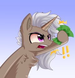 Size: 1644x1716 | Tagged: safe, artist:schwinarts, derpibooru import, oc, oc only, oc:friday (exodust), pony, unicorn, chest fluff, commission, ear fluff, ears, exclamation point, eyebrows, eyebrows visible through hair, eyeshadow, fluffy, gradient background, grey hair, horn, makeup, male, money, screaming, shut up and take my money, solo, stallion, unicorn oc, ych result