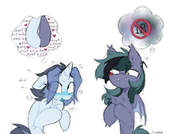 Size: 912x713 | Tagged: safe, artist:flixanoa, derpibooru import, oc, oc only, oc:fef, oc:scrimmy, bat pony, pony, unicorn, bat pony oc, belly fluff, big eyes, blue blush, blue coat, blue mouth, blue tongue, blushing, censored, chest fluff, colored mouth, colored tongue, colored wings, commission, duo, duo male, ear fluff, ear piercing, ear tufts, earring, ears, emanata, eye clipping through hair, eyebrows, eyebrows visible through hair, fangs, floppy ears, fluffy, gauges, gay, gray coat, green tail, heterochromia, hock fluff, holding hooves, hoof hold, hooves together, horn, human shoulders, jewelry, lewd, lewd thoughts, lidded eyes, light blue coat, long mane, long mane male, looking at someone, looking away, male, male oc, nervous, nervous smile, nose blush, oc x oc, open mouth, open smile, outline, partially open wings, piercing, plewds, procreate app, shipping, shoulder fluff, signature, simple background, slender, smiling, smiling at someone, stallion, stallion oc, sweat, sweatdrops, tail, text, thick horn, thin, thinking, thought bubble, three toned mane, transparent background, two toned mane, two toned wings, unicorn oc, wings, ych example, your character here