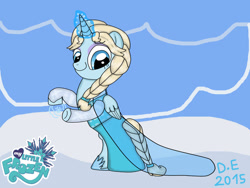 Size: 1024x768 | Tagged: safe, artist:daniarts19, derpibooru import, alicorn, pony, 2015, bipedal, blue background, braid, clothes, disney, dress, elsa, eyeshadow, female, folded wings, frozen (movie), horn, logo parody, looking down, makeup, mare, ponified, simple background, smiling, snow, snowflake, solo, species swap, wings