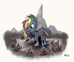 Size: 2200x1819 | Tagged: safe, artist:lytlethelemur, derpibooru import, rainbow dash, pegasus, pony, alternate timeline, apocalypse dash, crystal war timeline, female, jewelry, mare, solo, tiara, torn earr