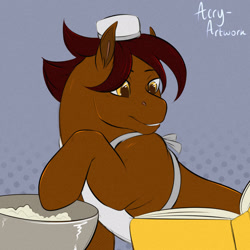 Size: 1600x1600 | Tagged: safe, artist:acry-artwork, derpibooru import, oc, oc only, earth pony, pony, abstract background, apron, baking, book, clothes, earth pony oc, reading, solo