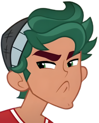 Size: 3256x4048 | Tagged: safe, derpibooru import, edit, edited screencap, screencap, timber spruce, human, equestria girls, g4, legend of everfree, angry, annoyed, camp everfree outfits, curly hair, ears, eyebrows, frown, green eyes, hat, male, nose, not a vector, simple background, solo, solo male, timber spruce is not amused, transparent background, unamused