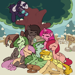 Size: 2000x2000 | Tagged: artist needed, safe, derpibooru import, oc, oc only, oc:mare mare, earth pony, pegasus, pony, unicorn, album cover, binoculars, clothes, eyes closed, female, hat, high res, horn, mare, marequest, pony pile, socks, tree, witch hat