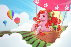 Size: 3600x2400 | Tagged: safe, artist:sparkytopia, derpibooru import, earth pony, pony, g3, bow, cloud, female, hair bow, hot air balloon, jewel birthday ponies, july jubilee, mare, outdoors, pink coat, red hair, scenery, signature, solo, tail, tail bow