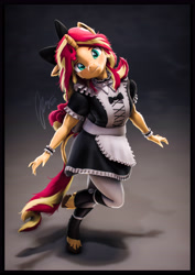 Size: 4000x5656 | Tagged: safe, artist:imafutureguitarhero, derpibooru import, sunset shimmer, anthro, classical unicorn, unguligrade anthro, unicorn, g4, 3d, absurd resolution, arm fluff, arm freckles, border, bow, cheek fluff, chin fluff, chromatic aberration, claws, clothes, cloven hooves, colored eyebrows, colored eyelashes, cute, ear fluff, ear freckles, ears, fangs, female, film grain, floppy ears, fluffy, freckles, fur, grin, hair bow, hand freckles, head tilt, hoof fluff, horn, leonine tail, long hair, long mane, looking at you, maid, maid sunset shimmer, mare, multicolored hair, multicolored mane, multicolored tail, neck fluff, one ear down, paintover, peppered bacon, raised hoof, raised leg, revamped anthros, revamped ponies, shadow, shimmerbetes, shirt, shortstack, signature, smiling, smiling at you, snaggletooth, socks, solo, source filmmaker, stockings, tail, thigh highs, unshorn fetlocks, vertical, wall of tags