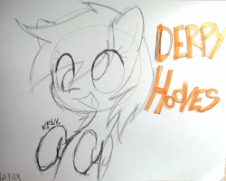 Size: 3290x2636 | Tagged: safe, artist:kruvvv, derpibooru import, derpy hooves, pony, g4, colorless, cross-eyed, hooves to the chest, irl, open mouth, photo, raised hoof, raised hooves, raised leg, simple background, sketch, solo, text, traditional art, white background