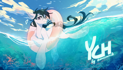 Size: 4200x2388 | Tagged: safe, artist:chamommile, derpibooru import, pony, any gender, any race, any species, bubble, butt, commission, coral, crepuscular rays, featureless crotch, full body, high res, looking at you, ocean, partially submerged, plot, quadrupedal, raised hoof, raised leg, seaweed, sky, smiling, solo, standing, sun, sunlight, swimming, underwater, water, ych result, your character here