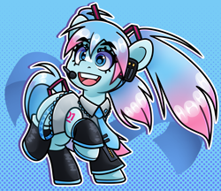 Size: 4000x3457 | Tagged: safe, artist:partypievt, derpibooru import, earth pony, pony, anime, clothes, female, hatsune miku, mare, microphone, necktie, ponified, ponytail, redraw, smiling, socks, solo, species swap, thigh highs, vocaloid