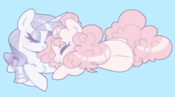 Size: 1800x1000 | Tagged: safe, artist:vivian reed, derpibooru import, pinkie pie, rarity, earth pony, pony, unicorn, g4, cuddling, duo, duo female, eyes closed, female, horn, lesbian, light blue background, lying down, mare, on side, prone, raripie, shipping, simple background, smiling