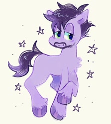 Size: 1171x1314 | Tagged: safe, artist:plushiecore, derpibooru exclusive, derpibooru import, oc, oc only, earth pony, pony, beard, blush scribble, blushing, chest fluff, colored hooves, eyeshadow, facial hair, green eyes, hooves, lidded eyes, looking away, makeup, male, purple blush, purple coat, purple eyeshadow, purple hair, purple hooves, purple mane, purple tail, raised hoof, raised leg, shiny hooves, short mane, short tail, simple background, smiling, solo, stallion, stars, tail, unshorn fetlocks, yellow background