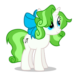 Size: 2048x2048 | Tagged: safe, artist:minty root, derpibooru import, edit, oc, oc only, oc:minty root, pony, unicorn, alternate hairstyle, blue bow, blue eyes, blue sclera, bow, colored sclera, female, female oc, green mane, green tail, hair accessory, hair bow, high res, horn, long mane, long tail, looking up, mane accessory, mare, mare oc, oc redesign, shadow, show accurate, simple background, smiling, solo, standing, tail, transparent background, white coat