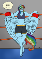 Size: 1654x2338 | Tagged: safe, artist:natt333, derpibooru import, rainbow dash, anthro, pegasus, unguligrade anthro, g4, abs, belly, belly button, boxing, boxing gloves, boxing ring, boxing shorts, breasts, cleavage, clothes, dialogue, female, looking at you, midriff, muscles, muscular female, rainbuff dash, shorts, smiling, smiling at you, solo, speech bubble, sports, sports bra, talking to viewer, thighs, thunder thighs