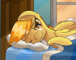 Size: 2181x1723 | Tagged: safe, artist:notadeliciouspotato, derpibooru import, spitfire, pegasus, pony, g4, alternate hairstyle, bed, blanket, crepuscular rays, ear fluff, ears, female, fetlock tuft, folded wings, in bed, indoors, lidded eyes, lying down, mare, morning, morning ponies, on side, one eye closed, pillow, shiny eyes, signature, smiling, solo, wings