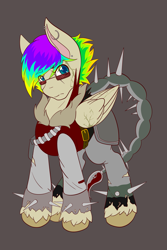 Size: 1365x2048 | Tagged: safe, artist:mscolorsplash, derpibooru import, oc, oc only, pegasus, pony, art trade, clothes, ear piercing, earring, eyebrow piercing, eyebrows, eyebrows visible through hair, frown, fur collar, gray background, jacket, jewelry, looking at you, male, multicolored hair, piercing, rainbow hair, simple background, solo, spiked wristband, stallion, sunglasses, unshorn fetlocks, wristband