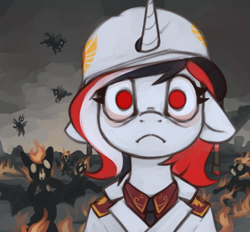 Size: 774x719 | Tagged: safe, artist:marsminer, derpibooru import, oc, oc:red rocket, bat pony, changeling, unicorn, equestria at war mod, burning bodies, clothes, collar, commission, death, fire, helmet, horn, looking at you, meme, necktie, shirt, solar empire, stare, thousand yard stare, uniform, ych result