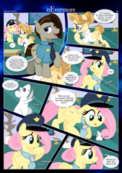 Size: 3259x4607 | Tagged: safe, artist:estories, derpibooru import, discord, fluttershy, oc, oc:alice goldenfeather, pegasus, pony, comic:nevermore, g4, clothes, police, police uniform, pony discord