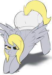 Size: 897x1280 | Tagged: safe, alternate version, artist:samyrai, derpibooru import, derpy hooves, pegasus, pony, g4, abdl, ass up, diaper, diaper fetish, female, fetish, mare, non-baby in diaper, simple background, solo, stretching, white background