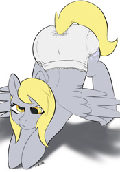 Size: 897x1280 | Tagged: safe, alternate version, artist:samyrai, derpibooru import, derpy hooves, pegasus, pony, g4, abdl, ass up, diaper, diaper fetish, female, fetish, mare, non-baby in diaper, simple background, solo, spread wings, stretching, white background, wings