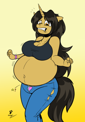 Size: 1298x1859 | Tagged: safe, artist:duragan, derpibooru import, oc, oc only, oc:amber steel, anthro, unicorn, belly, big belly, clothes, fat, food baby, gradient background, gritted teeth, horn, open fly, overeating, solo, stuffed, teeth, tight clothing, torn clothes, uncomfortable, unicorn oc, wardrobe malfunction, weight gain