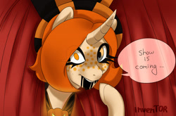 Size: 1280x847 | Tagged: safe, artist:inventor, artist:samyrai, derpibooru import, oc, oc only, pony, unicorn, black blood, blood, bloody mouth, dialogue, freckles, horn, looking at you, solo, speech bubble