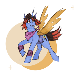 Size: 1000x1000 | Tagged: safe, artist:puufffinn, derpibooru import, oc, oc only, oc:key ti, changeling, hybrid, pony, abstract background, artfight, bandana, changeling hybrid, female, freckles, horn, insect wings, key, looking up, mare, simple background, smiling, solo, transparent wings, two toned hair, white background, wings