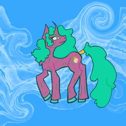 Size: 2048x2048 | Tagged: safe, artist:chronoroost, derpibooru import, oc, oc only, oc:flumine carcad, pony, unicorn, abstract background, artfight, concave belly, cyan, digital art, female, fluffy hair, horn, side view, solo, unshorn fetlocks