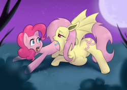 Size: 2039x1446 | Tagged: safe, artist:samyrai, derpibooru import, fluttershy, pinkie pie, bat pony, earth pony, pony, g4, bat ponified, belly, duo, duo female, eaten alive, female, flutterbat, flutterpred, full moon, lidded eyes, looking back, mare, moon, open mouth, pinkie prey, race swap, same size vore, spread wings, starry night, unwilling prey, vore, wings