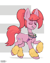 Size: 3000x3780 | Tagged: safe, artist:crashbrush, derpibooru import, pacific glow, earth pony, pony, g4, accessory, chest fluff, clothes, dancing, ear fluff, ears, eyes closed, female, full body, furry leg warmers, glow rings, high res, jewelry, leg warmers, mare, neclease, pink fur, pink mane, ponytails, raver, simple background, smiling, solo, white background