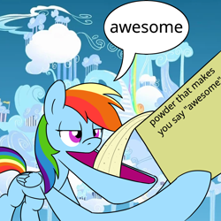 Size: 900x900 | Tagged: safe, alternate version, artist:unitxxvii, derpibooru import, rainbow dash, pegasus, pony, g4, alternate character, big mouth, box, cloudsdale, dialogue, female, hoof hold, mare, meme, missing cutie mark, open mouth, plastic man, ponified, ponified meme, powder (substance), powder that makes you say "yes", solo, speech bubble