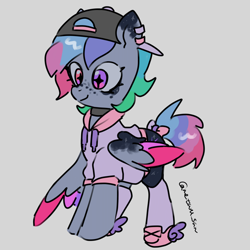 Size: 4096x4096 | Tagged: safe, artist:metaruscarlet, derpibooru import, oc, oc only, oc:galaxy (pegasus), pegasus, pony, backwards ballcap, baseball cap, cap, clothes, collar, ear piercing, earring, freckles, gray background, hat, heterochromia, hoodie, jewelry, pegasus oc, piercing, redesign, ribbon, shoes, simple background, socks, solo, spotted, wings