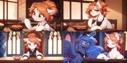 Size: 4800x2400 | Tagged: safe, ai content, derpibooru import, machine learning generated, princess luna, oc, oc:victoria orlova, alicorn, earth pony, pony, unicorn, chef, cooking, duo, duo female, female, food, freckles, golden eyes, horn, looking at you, magic, mare, orange hair, prompter:greesys, race swap, solo, spoon