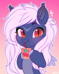 Size: 1500x1880 | Tagged: safe, artist:vensual99, derpibooru import, oc, oc only, bat pony, pegasus, pony, drink, drinking, ear fluff, ear tufts, ears, fangs, female, gradient background, hoof hold, juice, juice box, mare, pegasus oc, solo, spread wings, wings