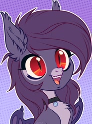 Size: 896x1213 | Tagged: safe, artist:vensual99, derpibooru import, oc, oc only, bat pony, pony, abstract background, chest fluff, choker, ear fluff, ear tufts, ears, fangs, female, gradient background, mare, slit eyes, solo