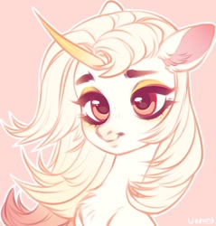 Size: 980x1026 | Tagged: safe, artist:vensual99, derpibooru import, oc, oc only, pony, unicorn, bust, chest fluff, curved horn, ear fluff, ears, female, horn, mare, simple background, solo