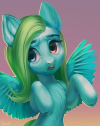 Size: 968x1208 | Tagged: safe, artist:vensual99, derpibooru import, oc, oc only, pegasus, pony, ear fluff, ears, female, gradient background, heterochromia, mare, solo, spread wings, wings